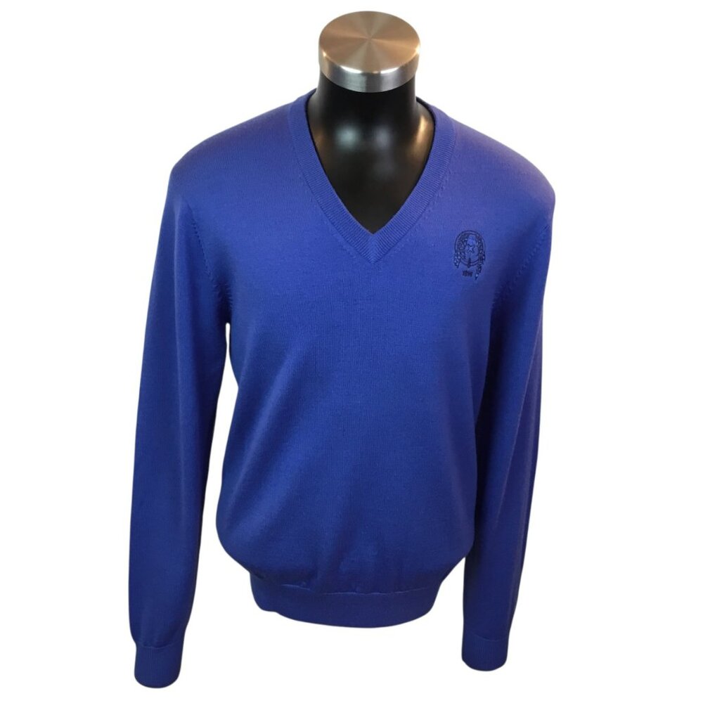 Donald Ross Mens Small V-Neck Sweater 100% Merino Wool Blue Embroidered Logo